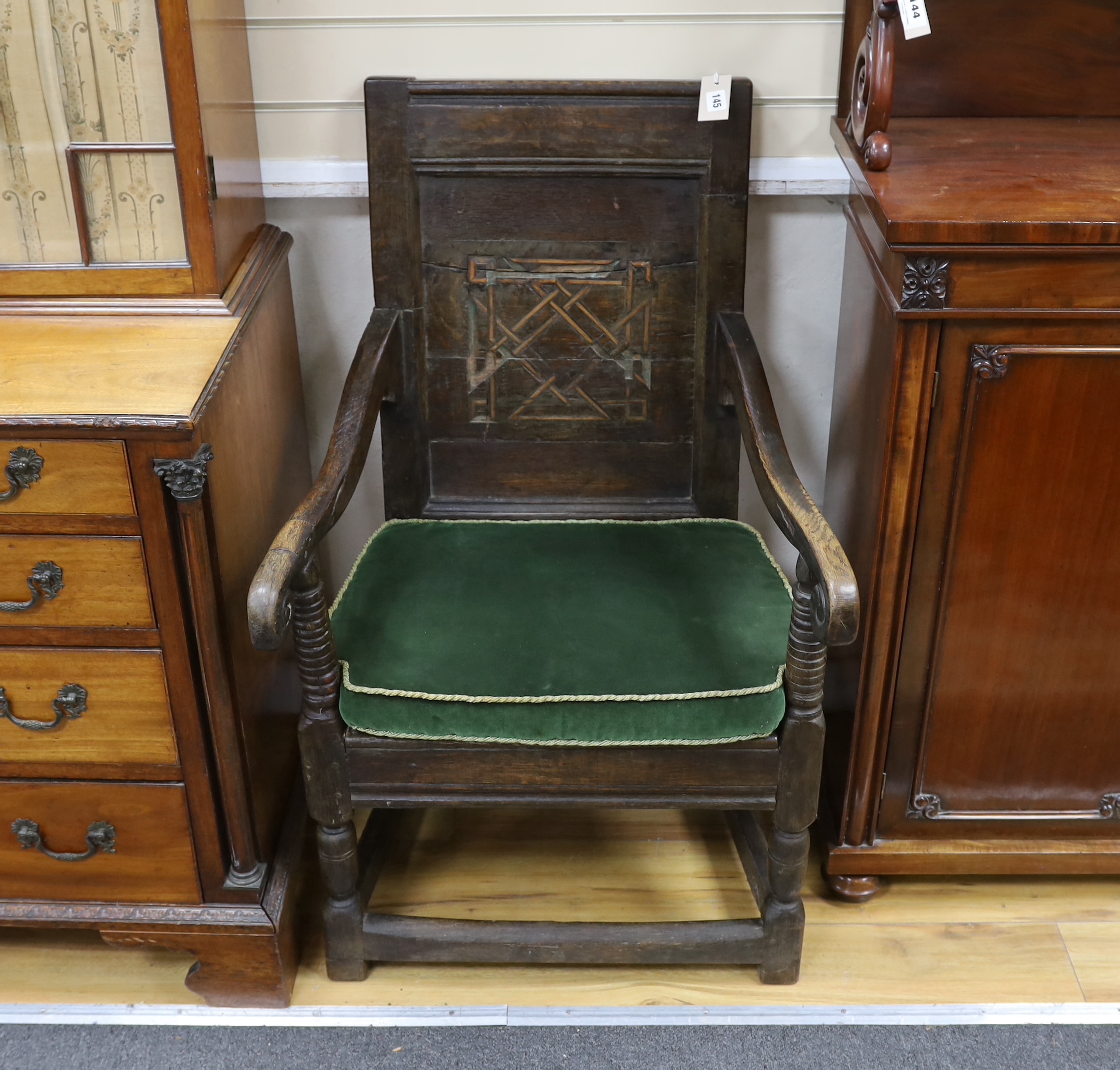 A 17th century and later oak Gainsborough chair, width 59cm, depth 62cm, height 98cm